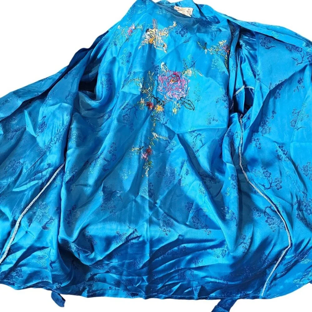 Vintage Chinese Kimono Robe‎ M Satin Blue Embroidered Flowers Bird Bed Jacket
